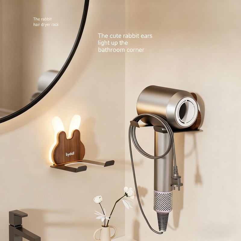 1pc Wood Color Hair Dryer Holder Bathroom Rabbit Shape Wall Mounted Rack No Drilling Required Storage Organizer - Image 2