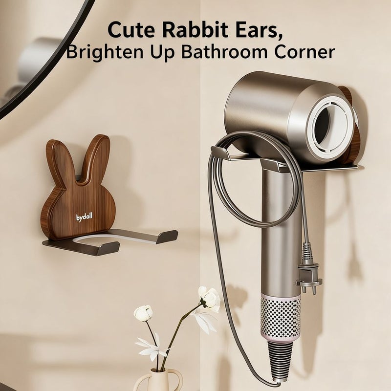 1pc Wood Color Hair Dryer Holder Bathroom Rabbit Shape Wall Mounted Rack No Drilling Required Storage Organizer - Image 5