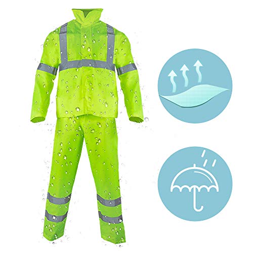 FONIRRA Class 3 High Visibility Rain Suit With Collapsible Hood Lime Reflective Safety Waterproof Worker Jacket & Pants (L/XL Yellow) - Image 2