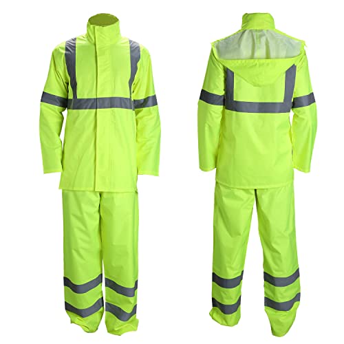 FONIRRA Class 3 High Visibility Rain Suit With Collapsible Hood Lime Reflective Safety Waterproof Worker Jacket & Pants (L/XL Yellow) - Image 1