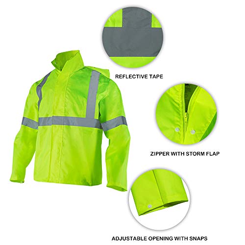 FONIRRA Class 3 High Visibility Rain Suit With Collapsible Hood Lime Reflective Safety Waterproof Worker Jacket & Pants (L/XL Yellow) - Image 3