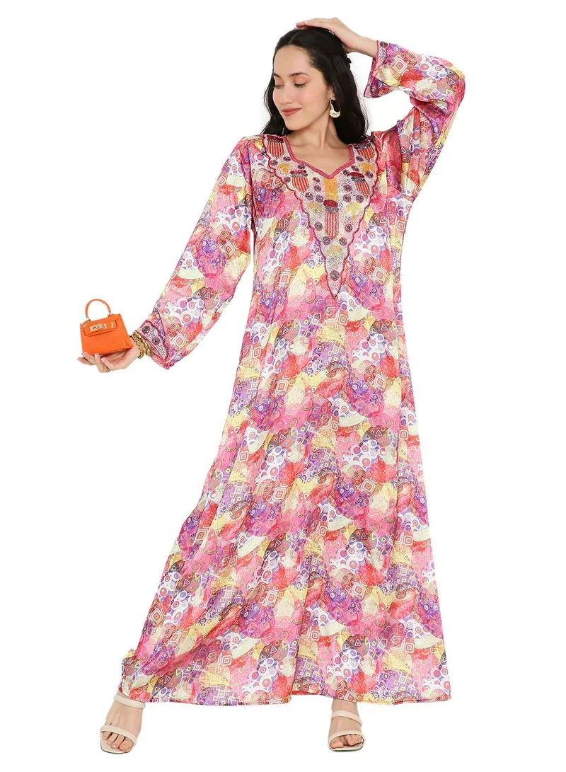 HANA & SARA CREATIVE HAND BEADED LONG MODEST UNIQUE PRINTED ARABIC KAFTAN JALABIYA DRESSES