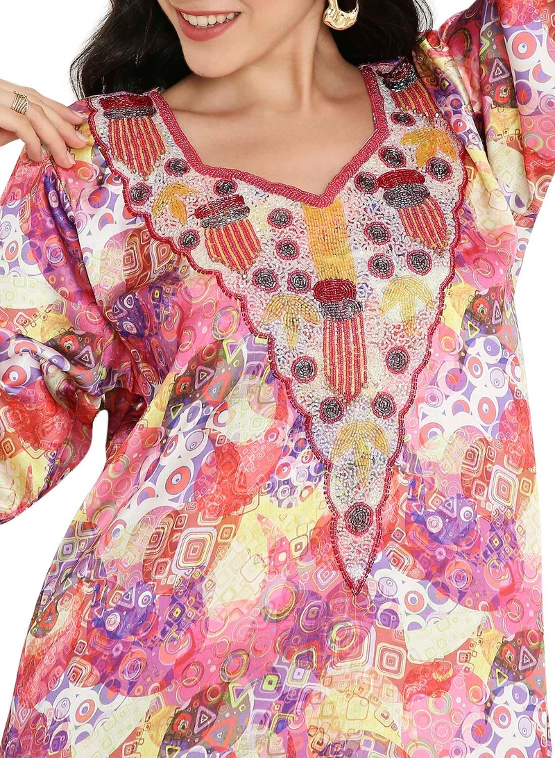 HANA & SARA CREATIVE HAND BEADED LONG MODEST UNIQUE PRINTED ARABIC KAFTAN JALABIYA DRESSES