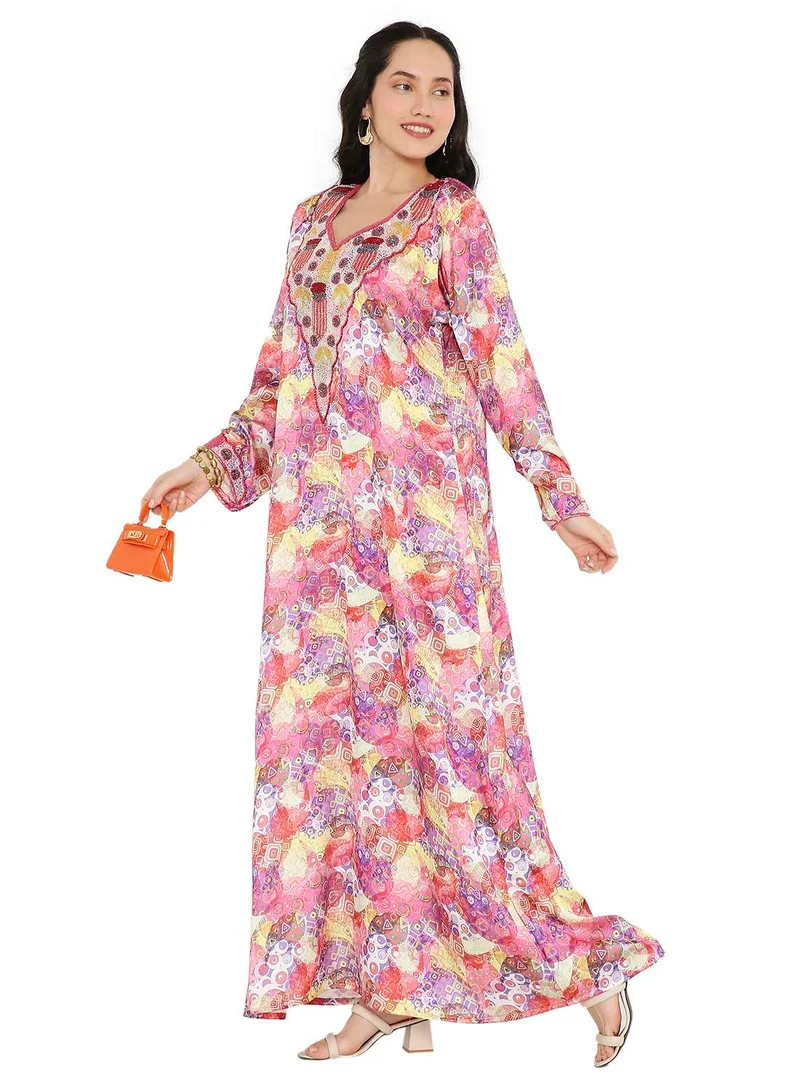 HANA & SARA CREATIVE HAND BEADED LONG MODEST UNIQUE PRINTED ARABIC KAFTAN JALABIYA DRESSES