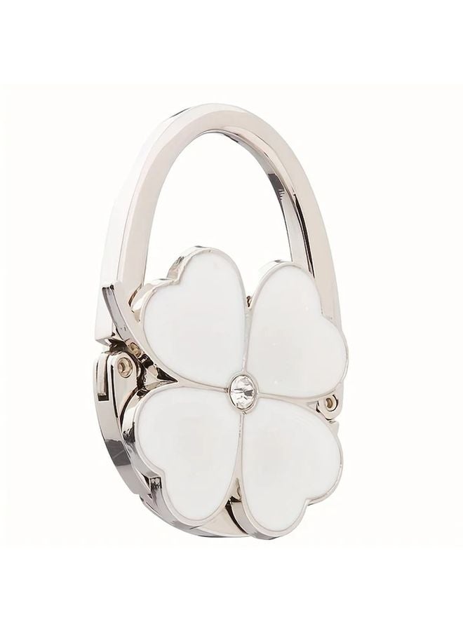 Elegant White Clover Design Foldable Tote Bag Hook Aluminum Alloy Wallet Table Holder - Image 1