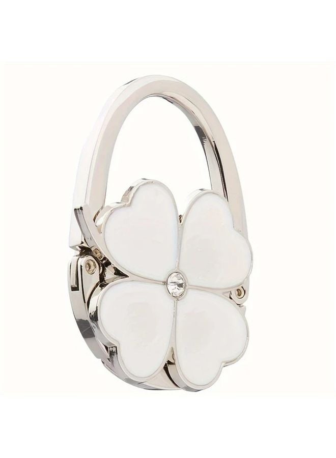 Elegant White Clover Design Foldable Tote Bag Hook Aluminum Alloy Wallet Table Holder - Image 2