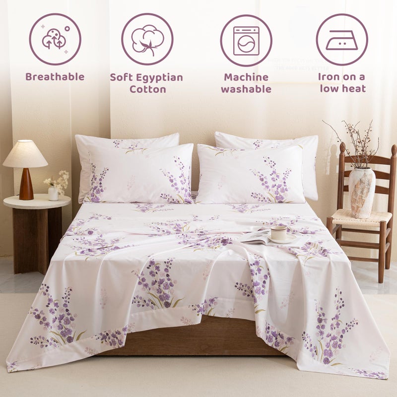 QSH Lavender Floral Bed Sheets Queen Size - 100% Egyptian Cotton Sheets Purple Flower Printed Bedding Sheets Queen Size Bed 4pcs Deep Pockets Bed Sheets - Image 2