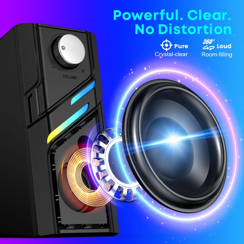 LENRUE Computer Speakers for Desktop PC with Easy Knob, Clear Powerful Sound, Touch Lights, Plug and Play for Computer Desktop PC, Monitors, Laptop - Image 2
