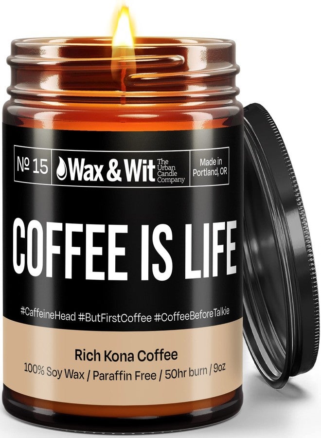 Wax & Wit Funny Soy Coffee Candle Gift for Women - Humorous, Aromatherapy Soy Wax Candle, Ideal for Housewarming, Coworker, Birthday – Rich Kona Coffee - 9oz - Image 1