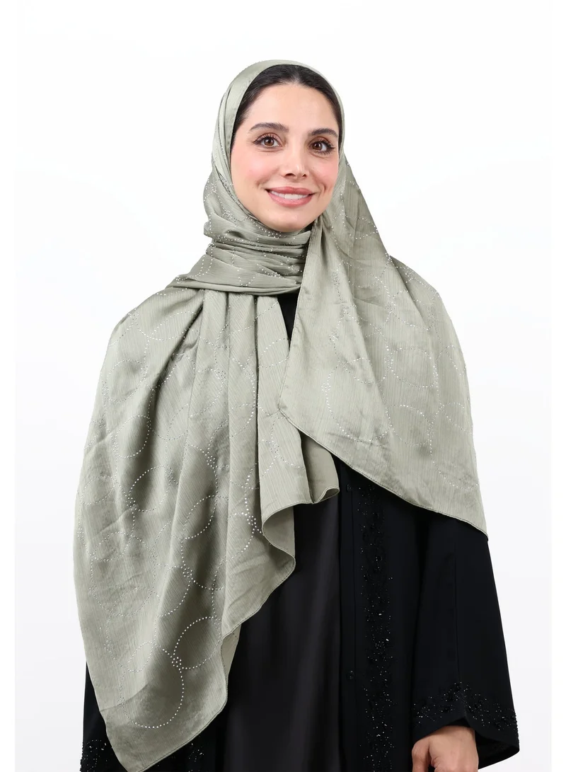 Jameela Luxury Muna Satin Embellished Scarf with Strass Detailing (Sage Green / Muted Olive)