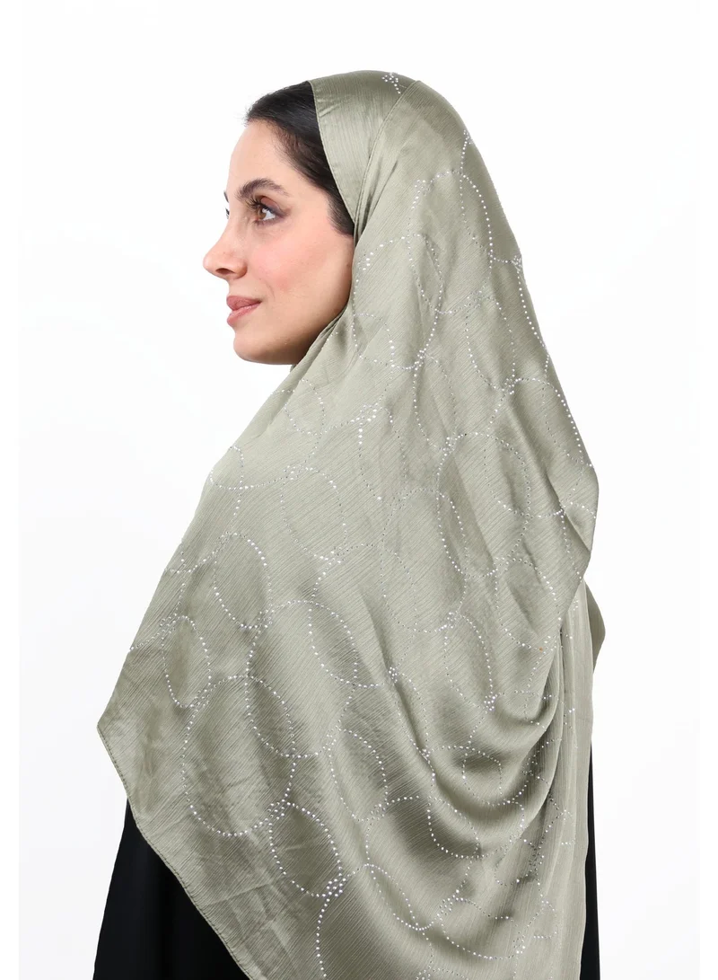 Jameela Luxury Muna Satin Embellished Scarf with Strass Detailing (Sage Green / Muted Olive)