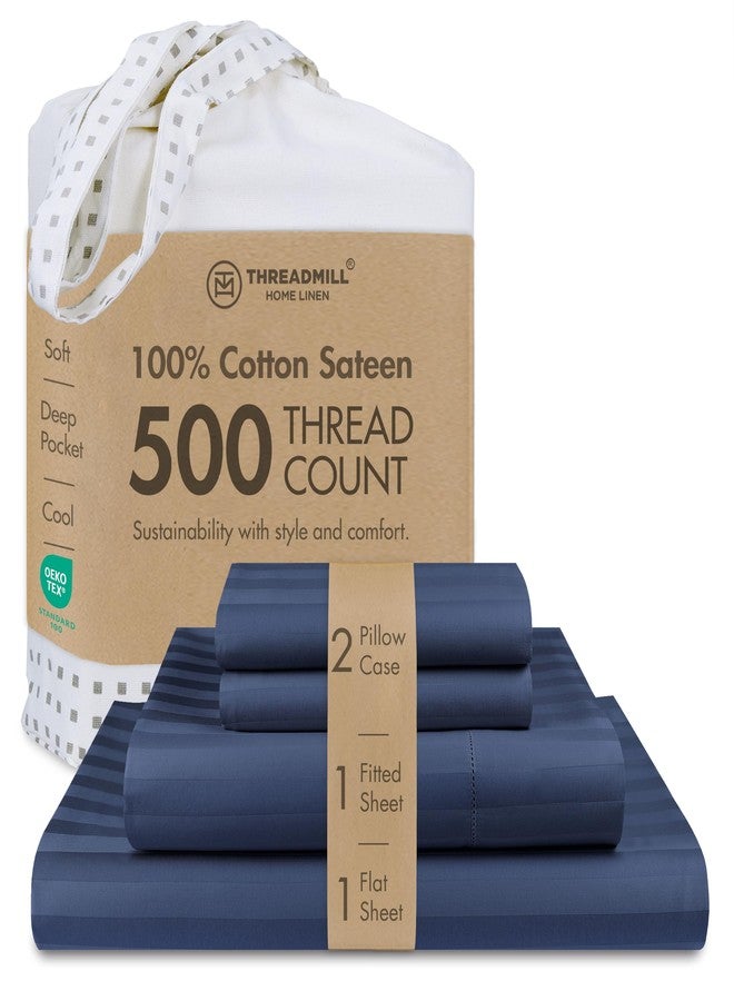 Threadmill 500 Thread Count Full-Size Damask Stripe, 4 Pc Luxury Cotton Sheet Set, Silky Smooth Folkstone Blue Sheets with 16" Elasticized Deep Pocket, 2 Pillowcases & Free Tote Bag - Image 1