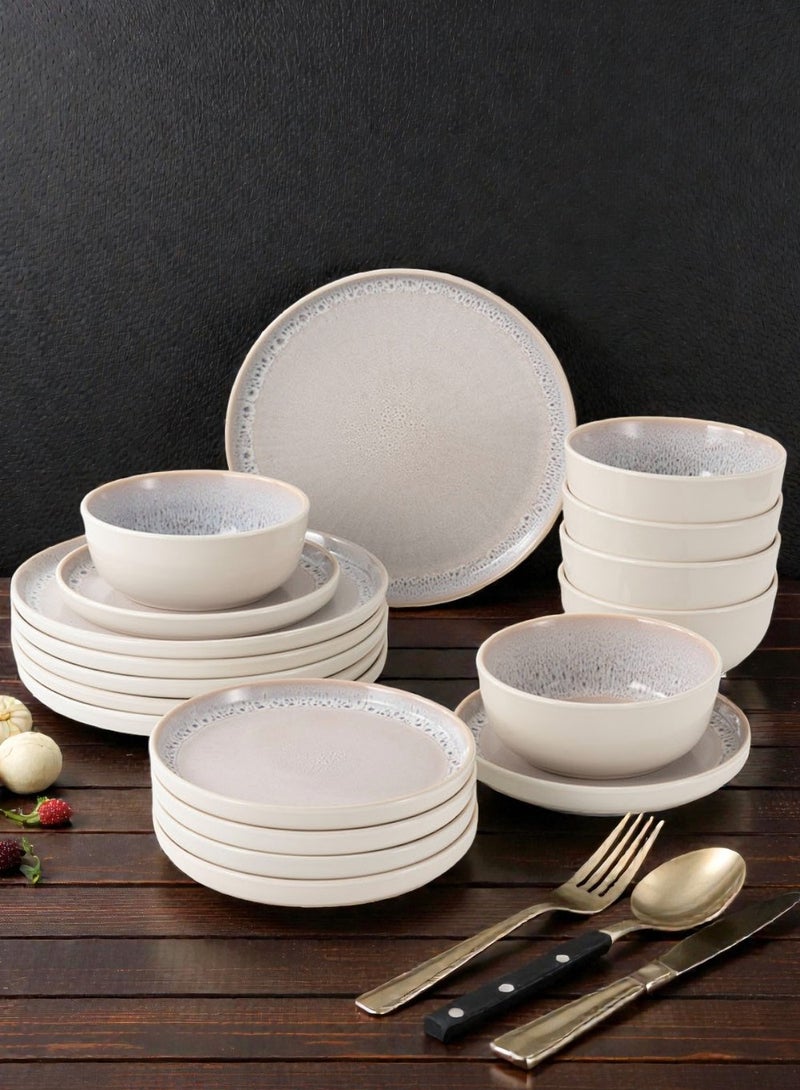 ايست من نون طقم سفرة مصنوع من الفخار الحجري مكوّن من 18 قطعة، طقم لـ6 أشخاص، آمن للاستخدام في الميكروويف وغسالة الصحون، باللونين الرمادي و البيج - Image 1