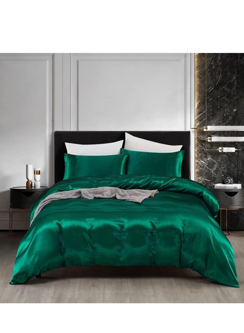 Bedding Duvet Cover Sets, 3 Pieces Satin Bedding Set, Queen Size Silky Duvet Covers Collection, 1x Cooling Duvet Cover 90x90 Inches and 2 Pillowcases, Comforter Not Included - Green  - Image 1