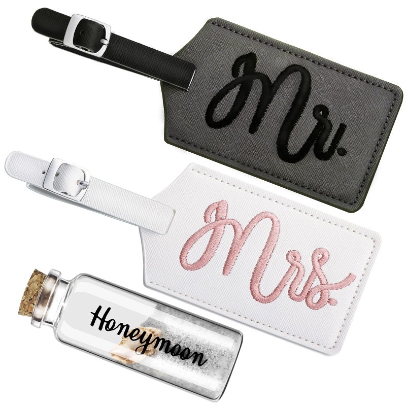 Geiserailie 2 pcs Mr and Mrs Luggage Tags Set, Honeymoon Essentials Gifts Honeymoon Sand Keepsake just Married Luggage Tags Travel with Sand Keepsake Jar for Couples Wedding Bridal Shower Gifts(Sweet Patterns)  - Image 1