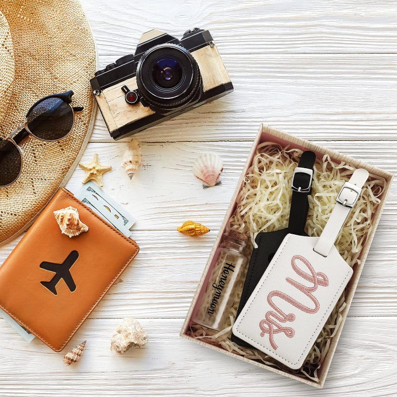 Geiserailie 2 pcs Mr and Mrs Luggage Tags Set, Honeymoon Essentials Gifts Honeymoon Sand Keepsake just Married Luggage Tags Travel with Sand Keepsake Jar for Couples Wedding Bridal Shower Gifts(Sweet Patterns)  - Image 4