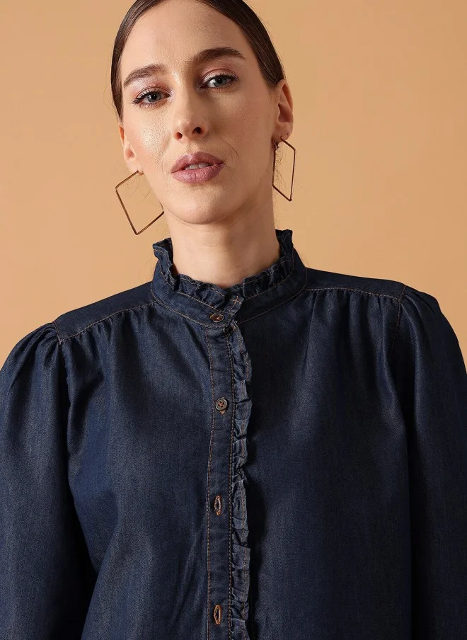 STREET 9 Comfort Band Collar Puff Sleeve Denim Casual Shirt for Women