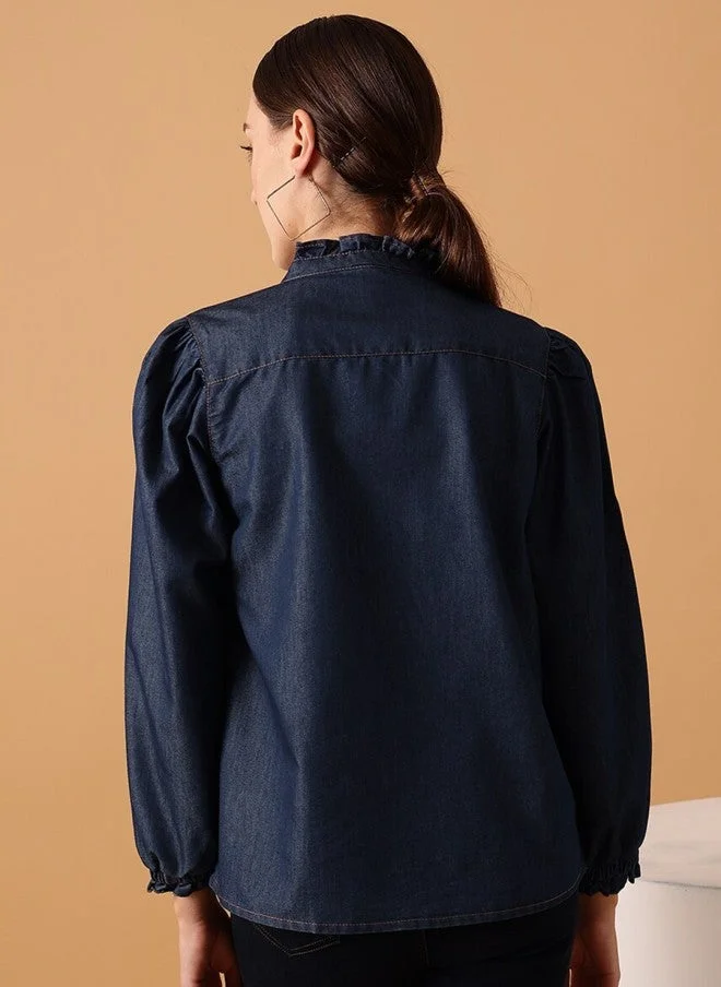 STREET 9  Comfort Band Collar Puff Sleeve Denim Casual Shirt for Women for Women | Best Price UAE