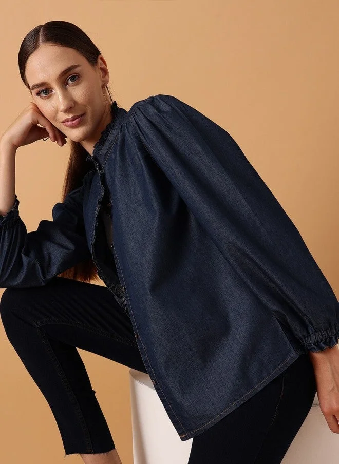 STREET 9  Comfort Band Collar Puff Sleeve Denim Casual Shirt for Women for Women | Best Price UAE
