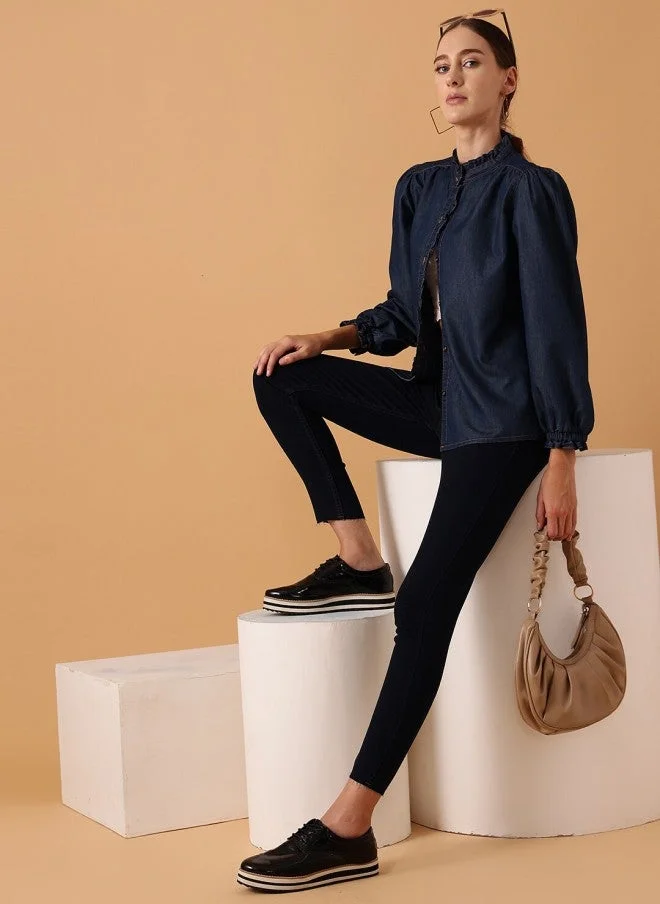 STREET 9  Comfort Band Collar Puff Sleeve Denim Casual Shirt for Women for Women | Best Price UAE