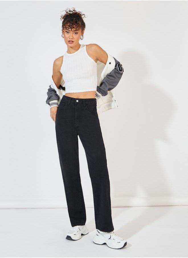Styli High Rise Straight Fit Jeans with Pockets  - Image 1