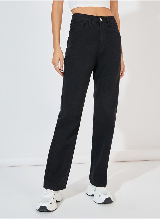 Styli High Rise Straight Fit Jeans with Pockets  - Image 2