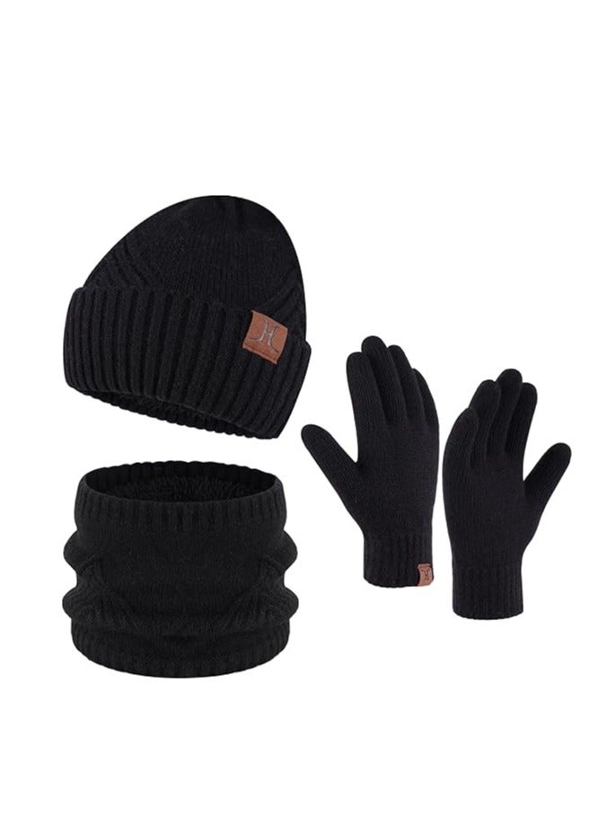 Generic Mens Winter Warm Knit Slouchy Beanie Hats Scarf Touchscreen Gloves Set for Men, 2-black, One size - Image 1