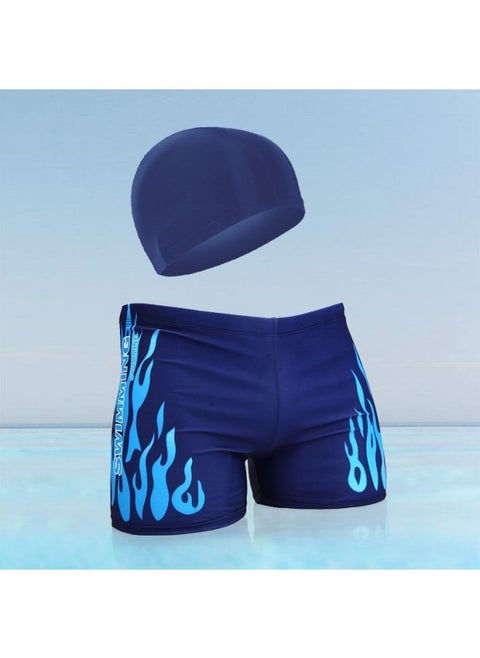 Men's Swimming Trunks And Swimming Cap Set Learning Swimming Equipment Quick-Drying Boxer Hot Spring Large Size Flame Five-Point Swimming Trunks-Color:Classic Blue Fire Pants + Hat-l (recommended Weight 30-45kg )