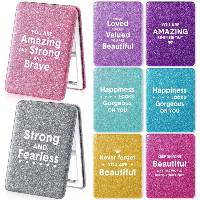 Panelee 8 Pcs Inspirational Compact Mirror Glitter Square Birthday Gifts for Women 1X 2X Double Sided Cosmetic Pocket Mirror Folding Pu Leather Small Mirror for Purse for Friend Female