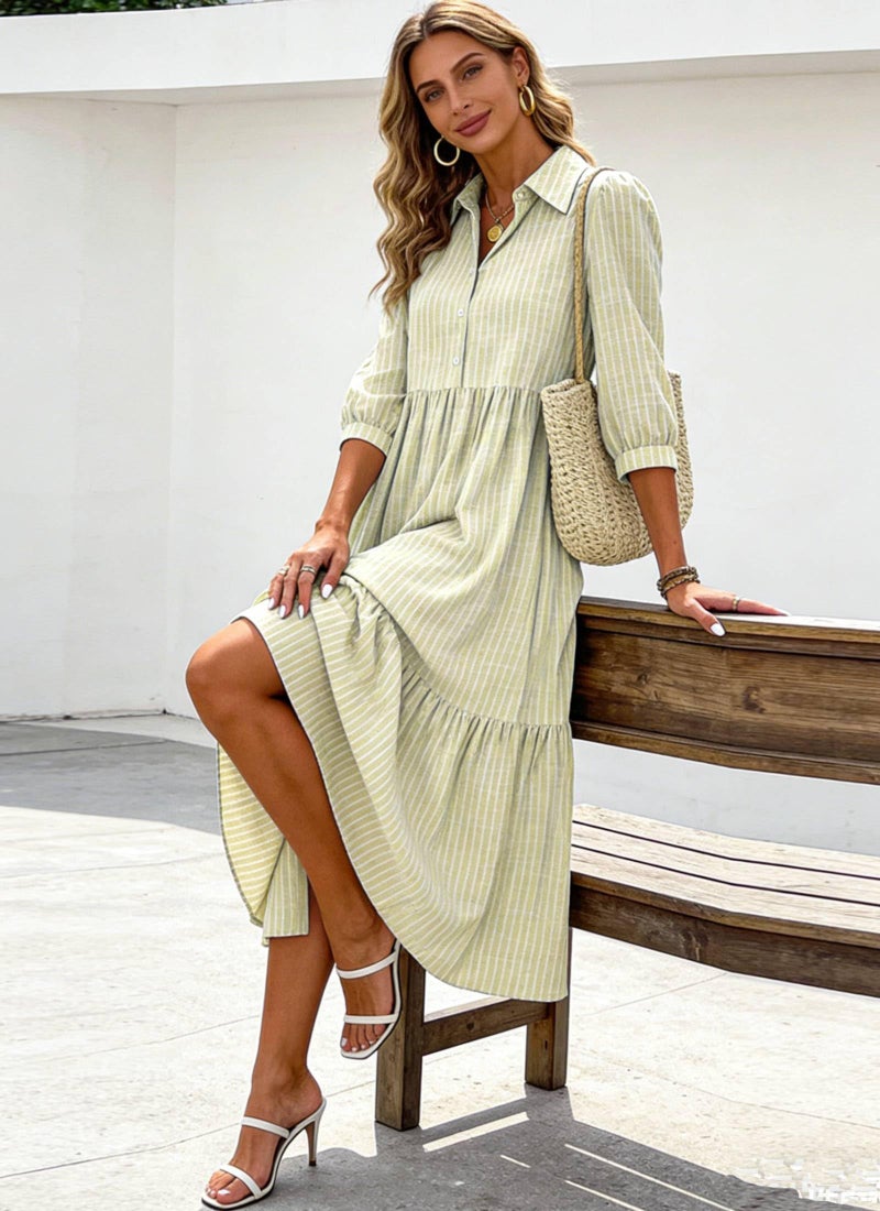 XNC Women's Striped Maxi Dresses 2026 Summer Fashion Collared Boho Dress Print 3/4 Sleeve Work Dress with Pockets - Image 5