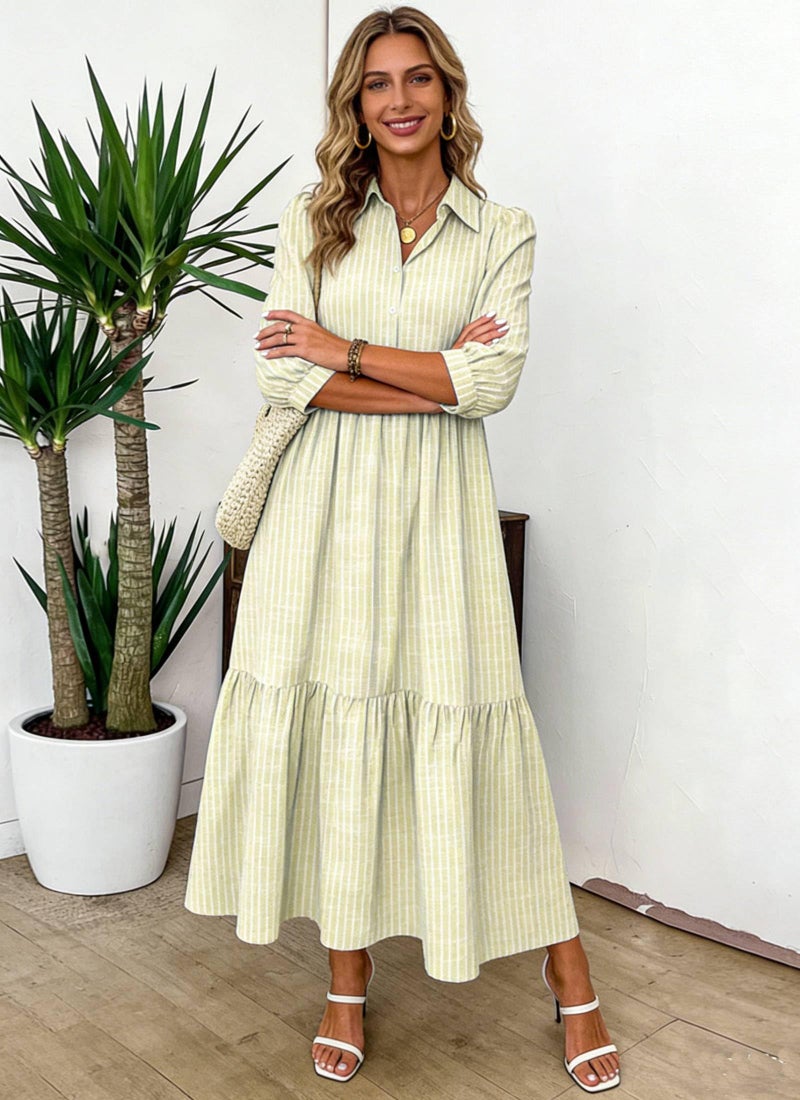 XNC Women's Striped Maxi Dresses 2026 Summer Fashion Collared Boho Dress Print 3/4 Sleeve Work Dress with Pockets - Image 3