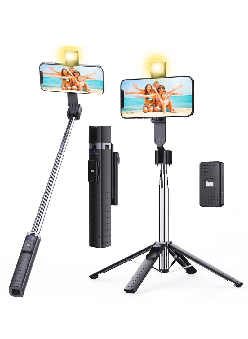 KASTWAVE Selfie Stick, with Fill Light Phone Clip Tripod Quadrupod Wireless Bluetooth Remote Control Selfie Stick, Stainless Steel Expandable Compatible with All Mobile Phones black  - Image 1