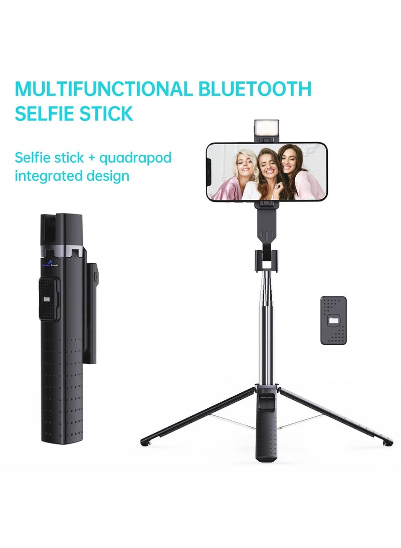 KASTWAVE Selfie Stick, with Fill Light Phone Clip Tripod Quadrupod Wireless Bluetooth Remote Control Selfie Stick, Stainless Steel Expandable Compatible with All Mobile Phones black  - Image 2