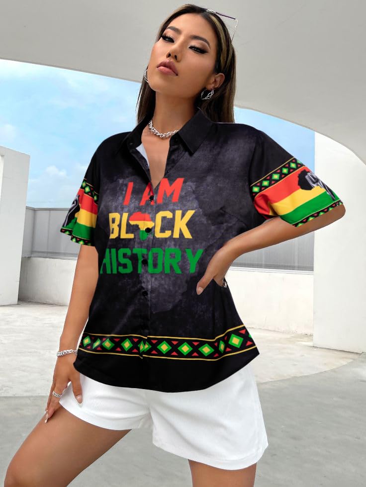 BANGELY Black History Month T-Shirt Women Black Proud Shirt African Flag T-Shirt Africa Map Graphic Button Up Blouse Short Sleeve Top - Image 2