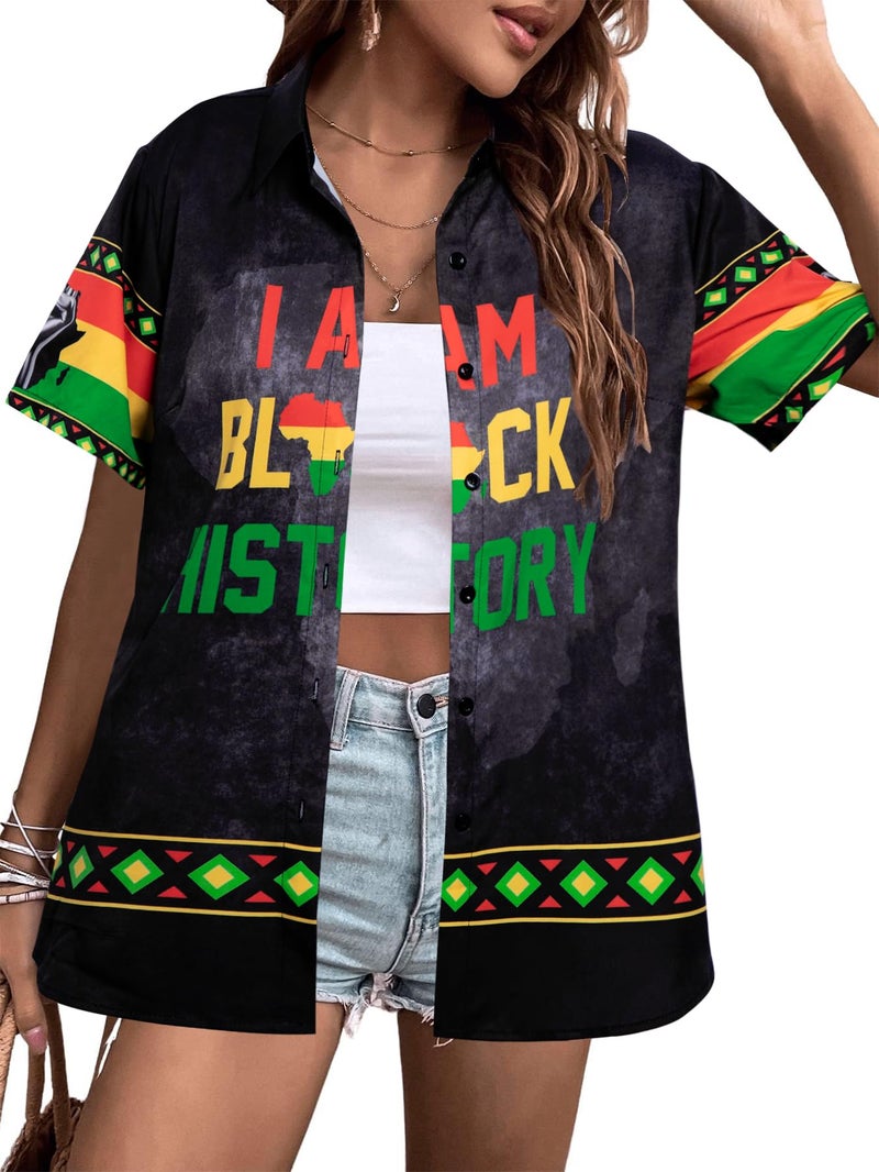 BANGELY Black History Month T-Shirt Women Black Proud Shirt African Flag T-Shirt Africa Map Graphic Button Up Blouse Short Sleeve Top - Image 1