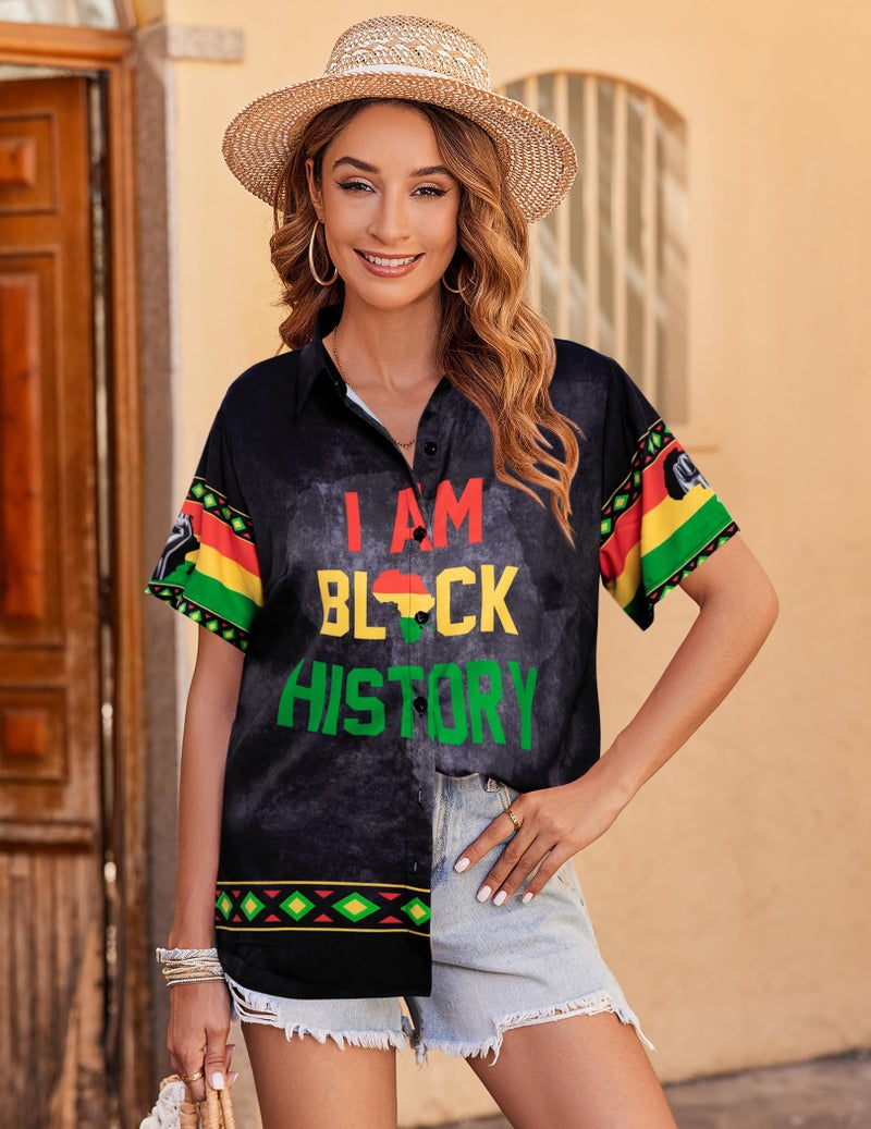 BANGELY Black History Month T-Shirt Women Black Proud Shirt African Flag T-Shirt Africa Map Graphic Button Up Blouse Short Sleeve Top - Image 3