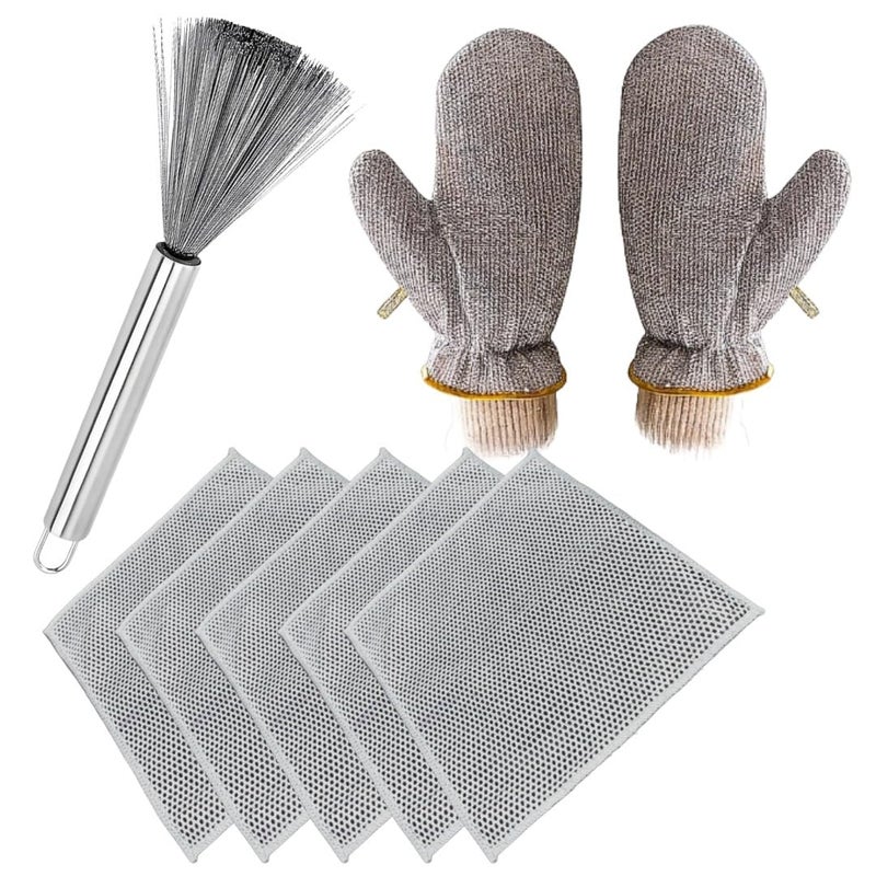 Hemshail HEMSHAIL Multipurpose Dishwashing Dishcloth Wire Gloves Scrubber Steel Wire Brush Waterproof Scrubber Kitchen Cleaning 5pc Dish cloth 1 Pair Gloves 1pc Stainless Steel Brush