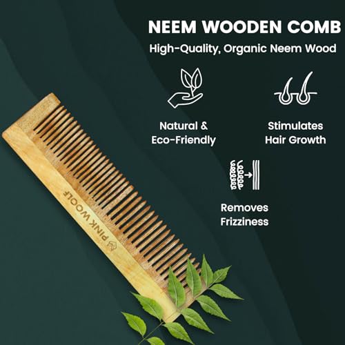 Pink Woolf Pure Neem Wooden Comb for Men & Women | Wide Tooth Detangler, Anti-Static, Hair Growth & Hair Fall Control | Handcrafted Katchhi Neem Wood Comb for Natural, Healthy Haircare, Pack Of 2 - Image 5