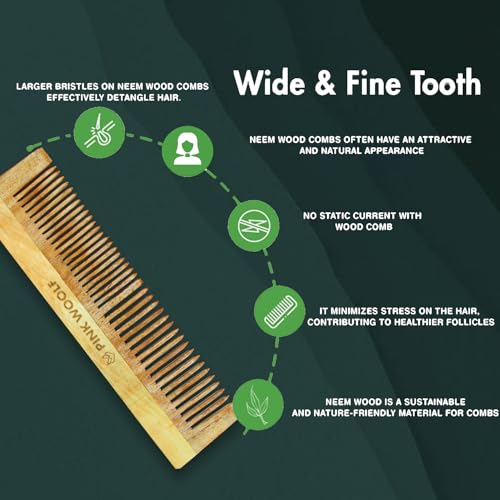 Pink Woolf Pure Neem Wooden Comb for Men & Women | Wide Tooth Detangler, Anti-Static, Hair Growth & Hair Fall Control | Handcrafted Katchhi Neem Wood Comb for Natural, Healthy Haircare, Pack Of 2 - Image 3