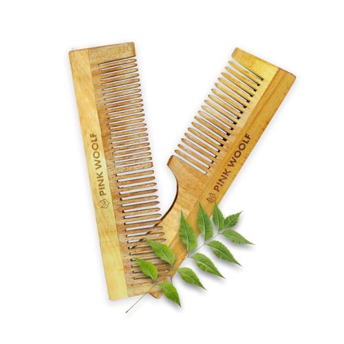 Pink Woolf Pure Neem Wooden Comb for Men & Women | Wide Tooth Detangler, Anti-Static, Hair Growth & Hair Fall Control | Handcrafted Katchhi Neem Wood Comb for Natural, Healthy Haircare, Pack Of 2 - Image 1