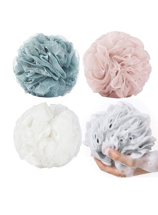 Large Bath Shower Sponge Pouf LoofahsA: Eco-friendly Exfoliating Mesh Brush Pouf Bath Shower Ball Sponge-Exfoliate, Cleanse, Soothe Skin Assorted Color 4 Pcs