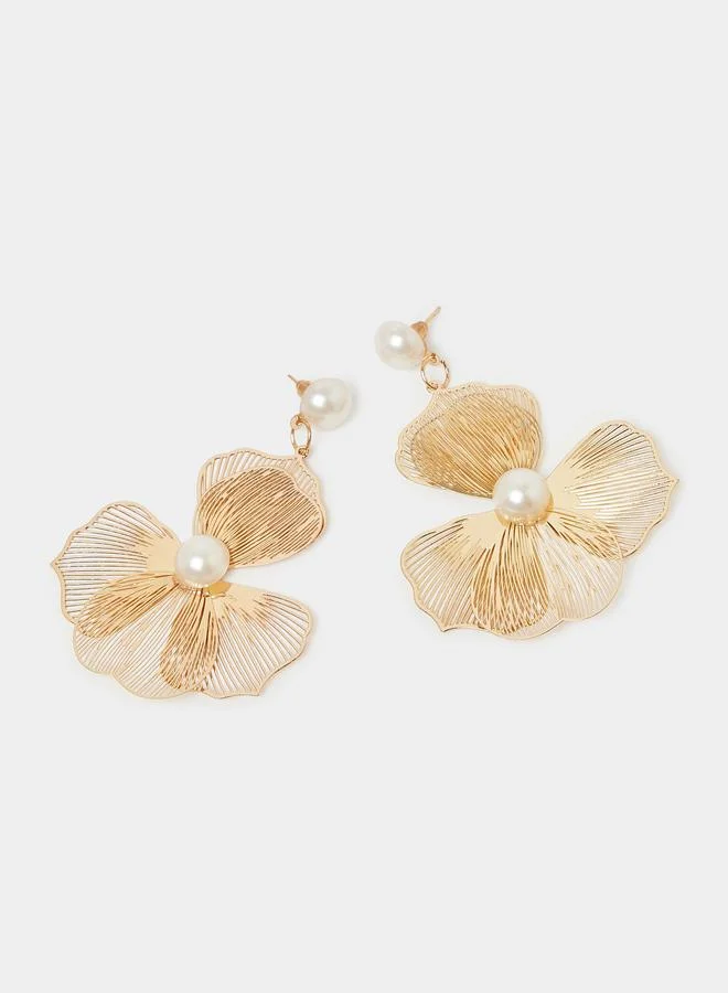 Styli  Pack of 4 - Gold Tone Pearl and Flower Embellished Dangler Earrings for Women | Best Price UAE