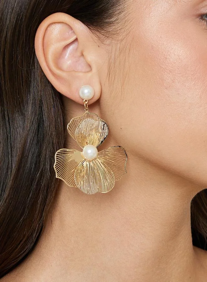ستايلي Pack of 4 - Gold Tone Pearl and Flower Embellished Dangler Earrings