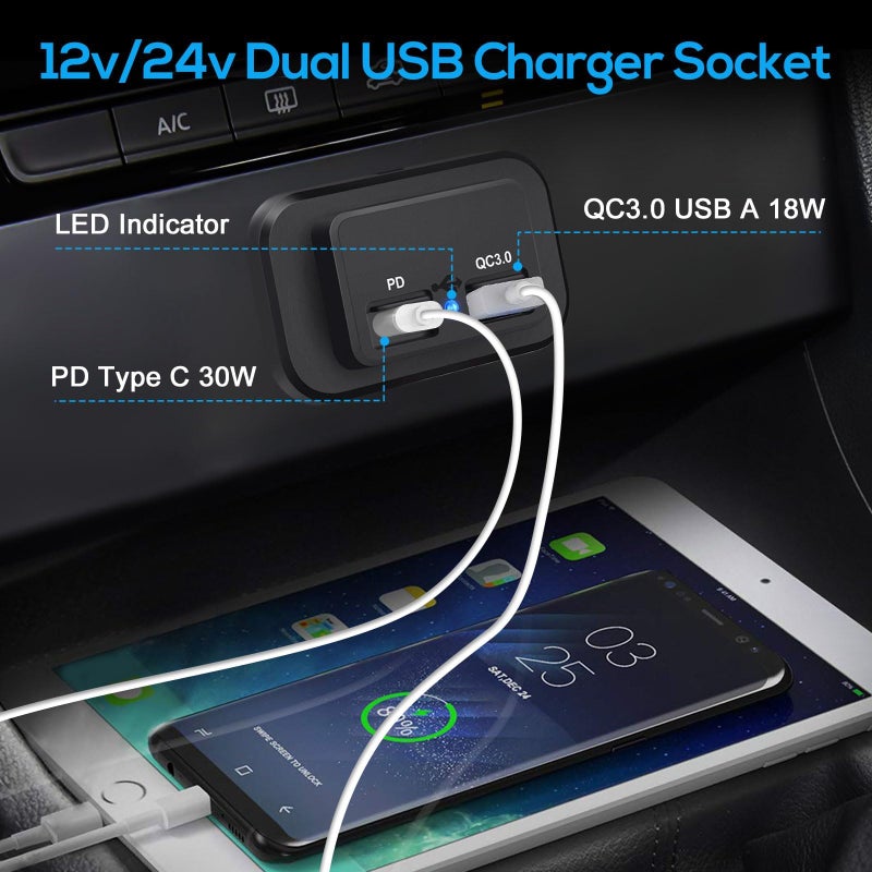 Linkstyle RV USB Outlet, 18W QC3.0 USB A Port & 30W PD Port, Quick Charge Socket Outlet with LED Indicator for 12V/24V Car Marine - Image 2