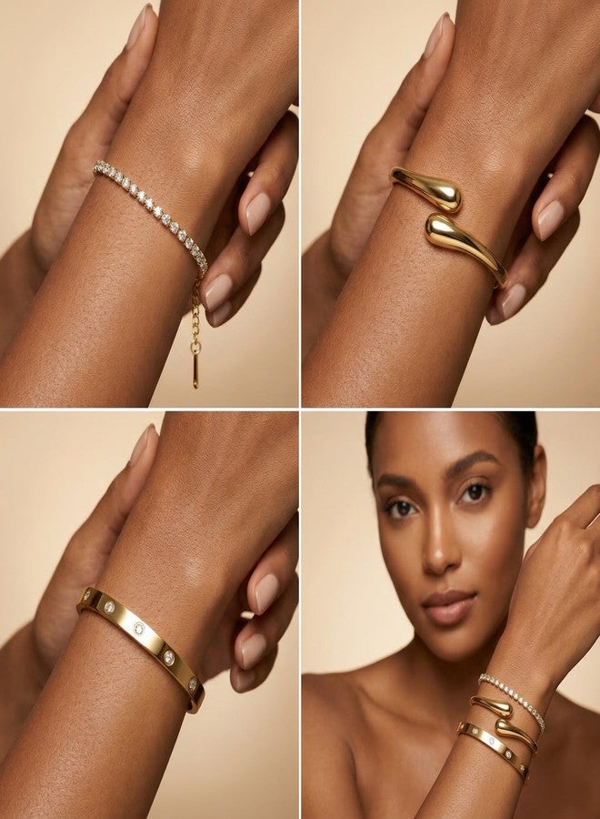 PDWZNBA 18K Gold Plated Bracelet Set - Floral Clover, Tennis, Chunky Adjustable Twist Cuff, Classic Gold Bangle Stainless Steel, Non Tarnish, Stackable Bracelet Gift for Women, Free Size, Stainless - Image 5