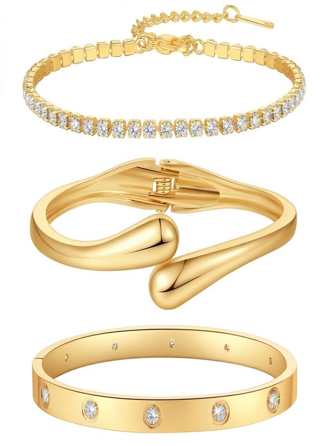 PDWZNBA 18K Gold Plated Bracelet Set - Floral Clover, Tennis, Chunky Adjustable Twist Cuff, Classic Gold Bangle Stainless Steel, Non Tarnish, Stackable Bracelet Gift for Women, Free Size, Stainless - Image 1