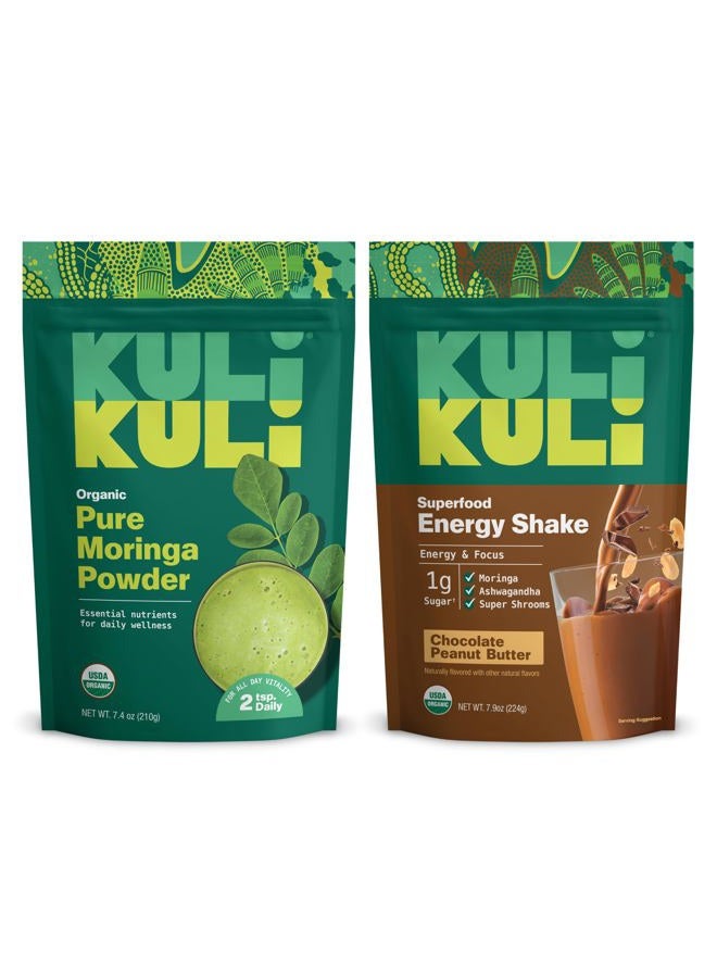 Kuli Kuli Moringa Oleifera Organic Leaf Powder & Green Smoothie, 100% Pure USDA Certified & Non-GMO Moringa Powder, Great with Smoothies, Tea, and Food, Combo Pack