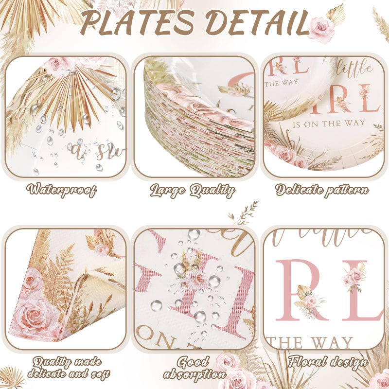 Funnymoom 250 Pcs Boho Baby Shower Decorations for Girls Floral Baby Shower Plates Napkins and Cups a Sweet Little Girl Is on the Way Pink Flower Spring Birthday Party Supplies  Serve 50 Guests - Image 1