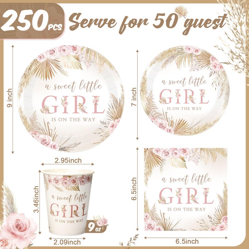 Funnymoom 250 Pcs Boho Baby Shower Decorations for Girls Floral Baby Shower Plates Napkins and Cups a Sweet Little Girl Is on the Way Pink Flower Spring Birthday Party Supplies  Serve 50 Guests - Image 2