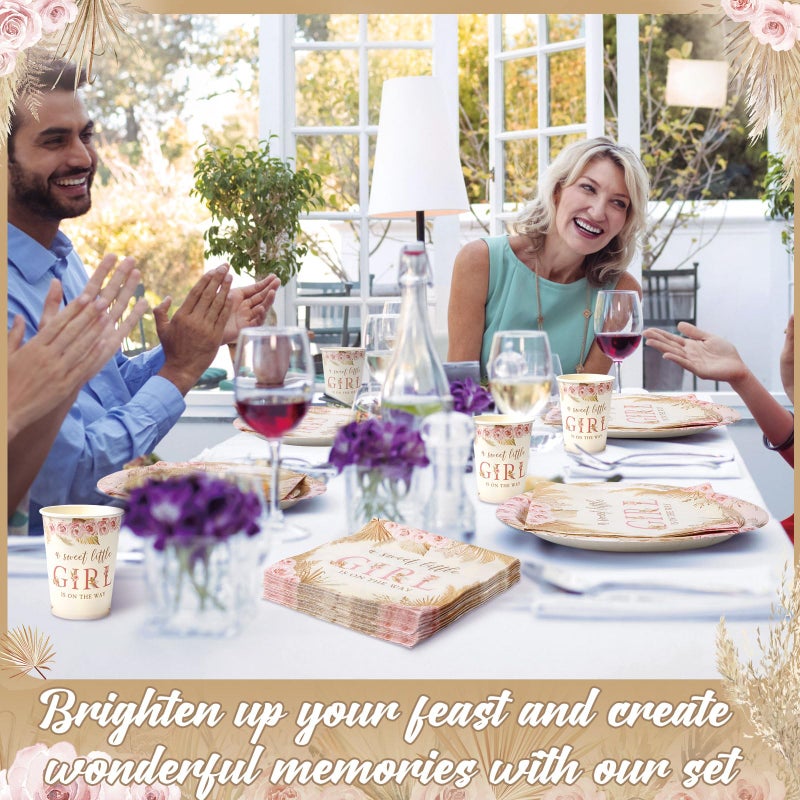 Funnymoom 250 Pcs Boho Baby Shower Decorations for Girls Floral Baby Shower Plates Napkins and Cups a Sweet Little Girl Is on the Way Pink Flower Spring Birthday Party Supplies  Serve 50 Guests - Image 3